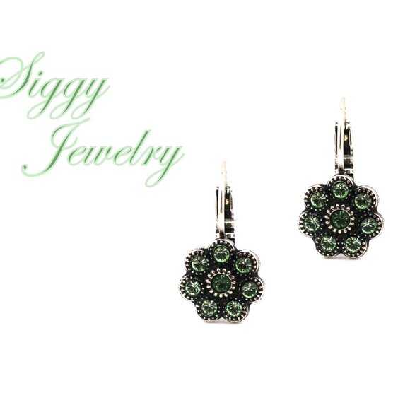 Austrian Crystal Flower Earrings, Green Erinite & Chrysolite, Assorted Finishes - Picture 1 of 5